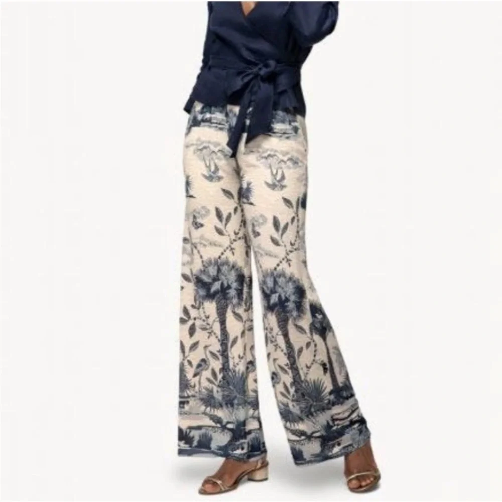 Spartina 449 Maude Palazzo Wide-Leg Pants Tropical Landscape Print Cream Navy, L - Picture 1 of 15